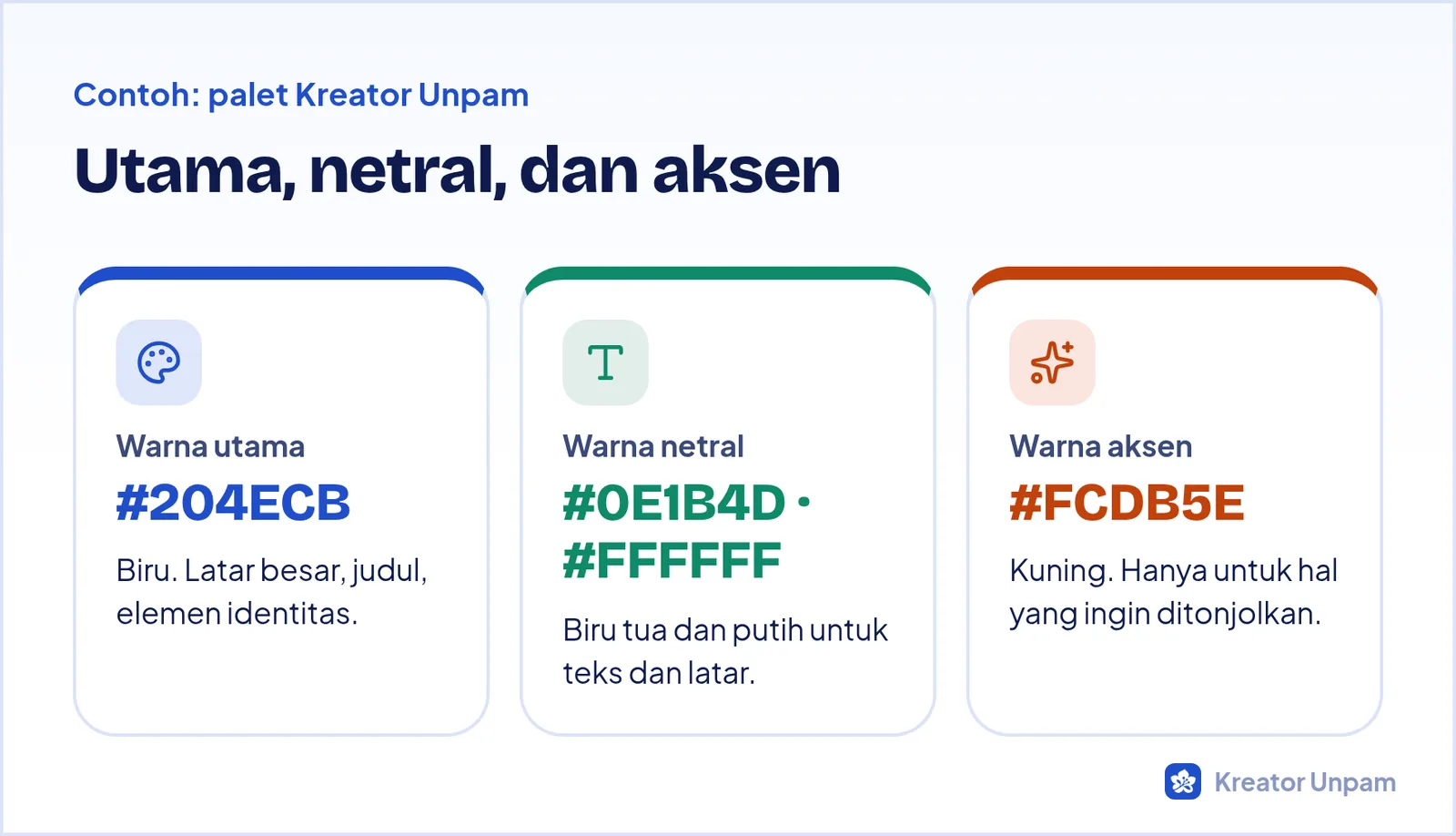 Tiga peran warna dalam palet brand: warna utama, warna sekunder, dan warna aksen, dengan contoh palet Kreator Unpam