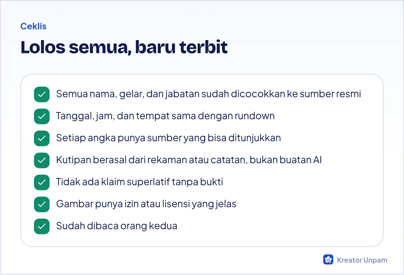 Ceklis verifikasi tulisan sebelum dipublikasikan atas nama prodi