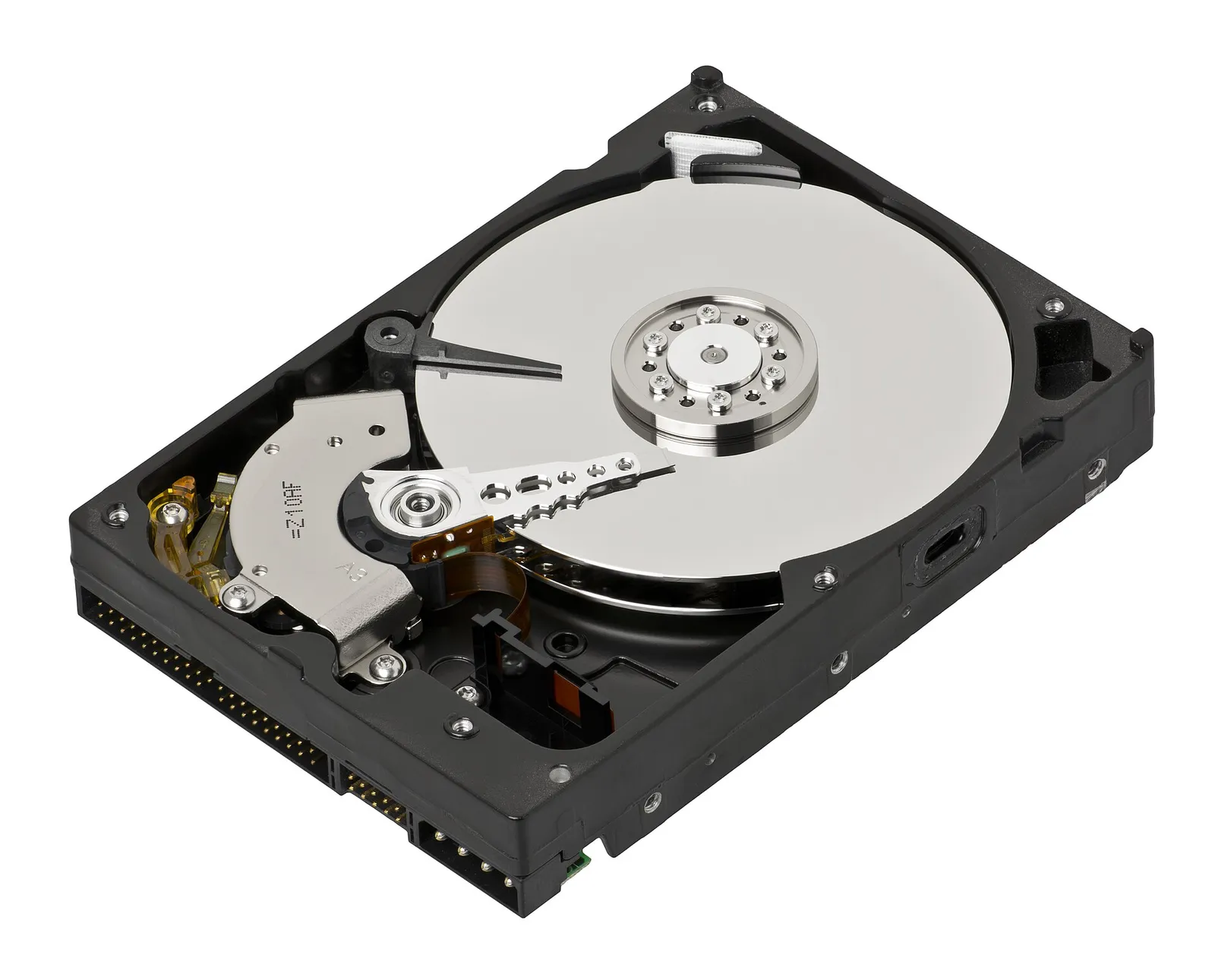 Hard disk komputer dengan piringan dan lengan pembaca terlihat