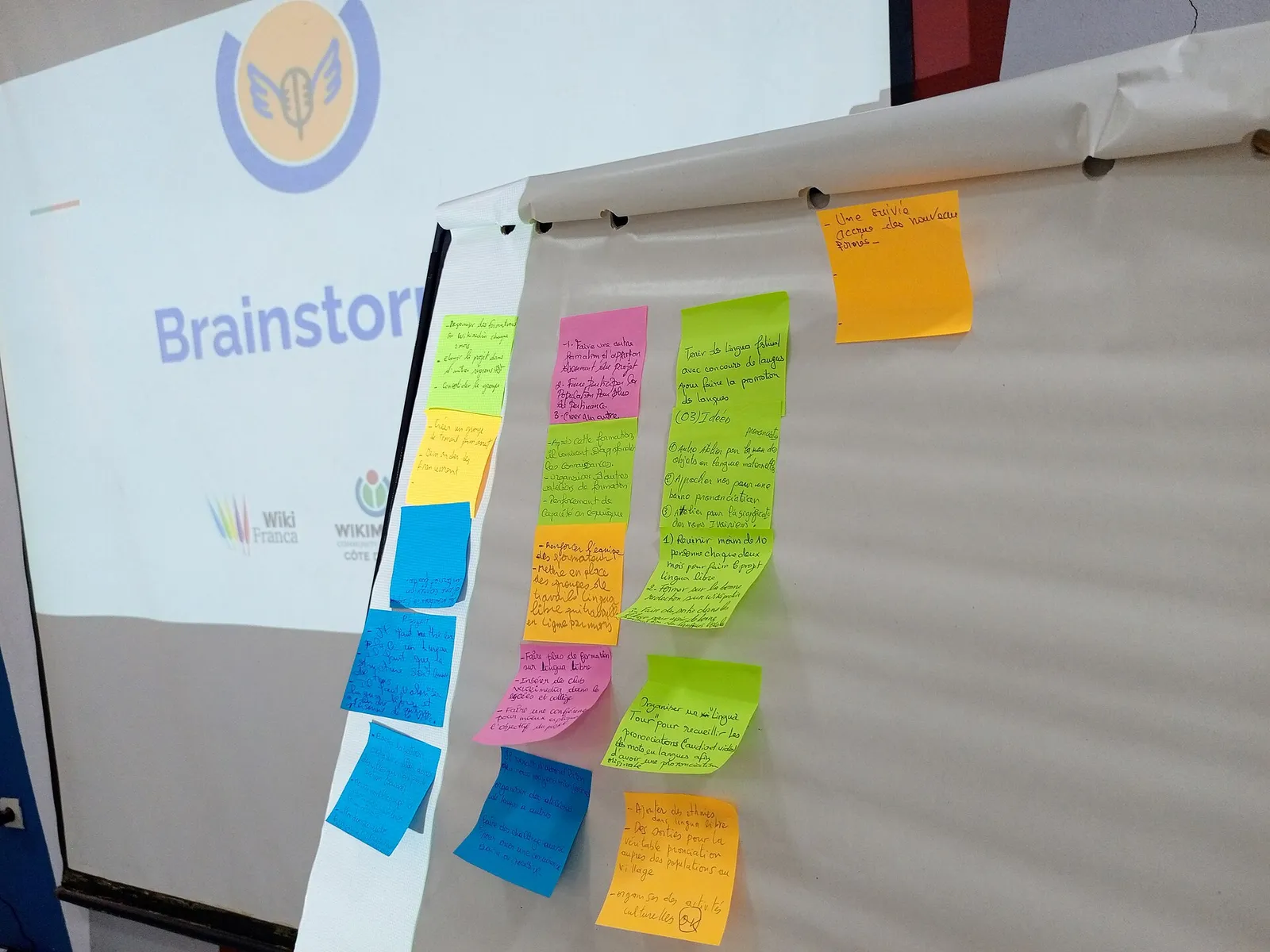 Peserta lokakarya menempelkan kertas catatan berwarna di papan saat brainstorming