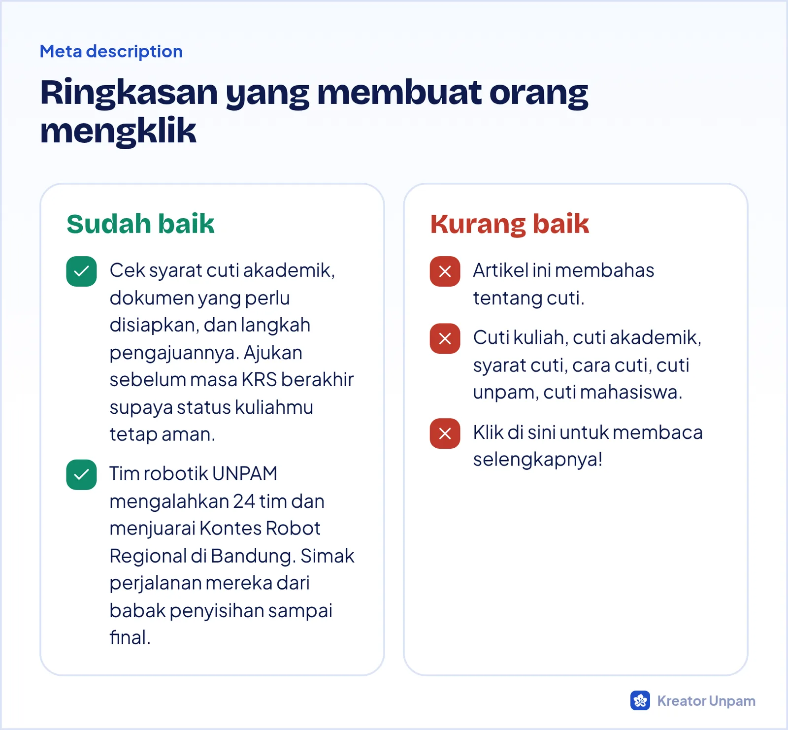 Contoh meta description yang baik dan yang kurang baik