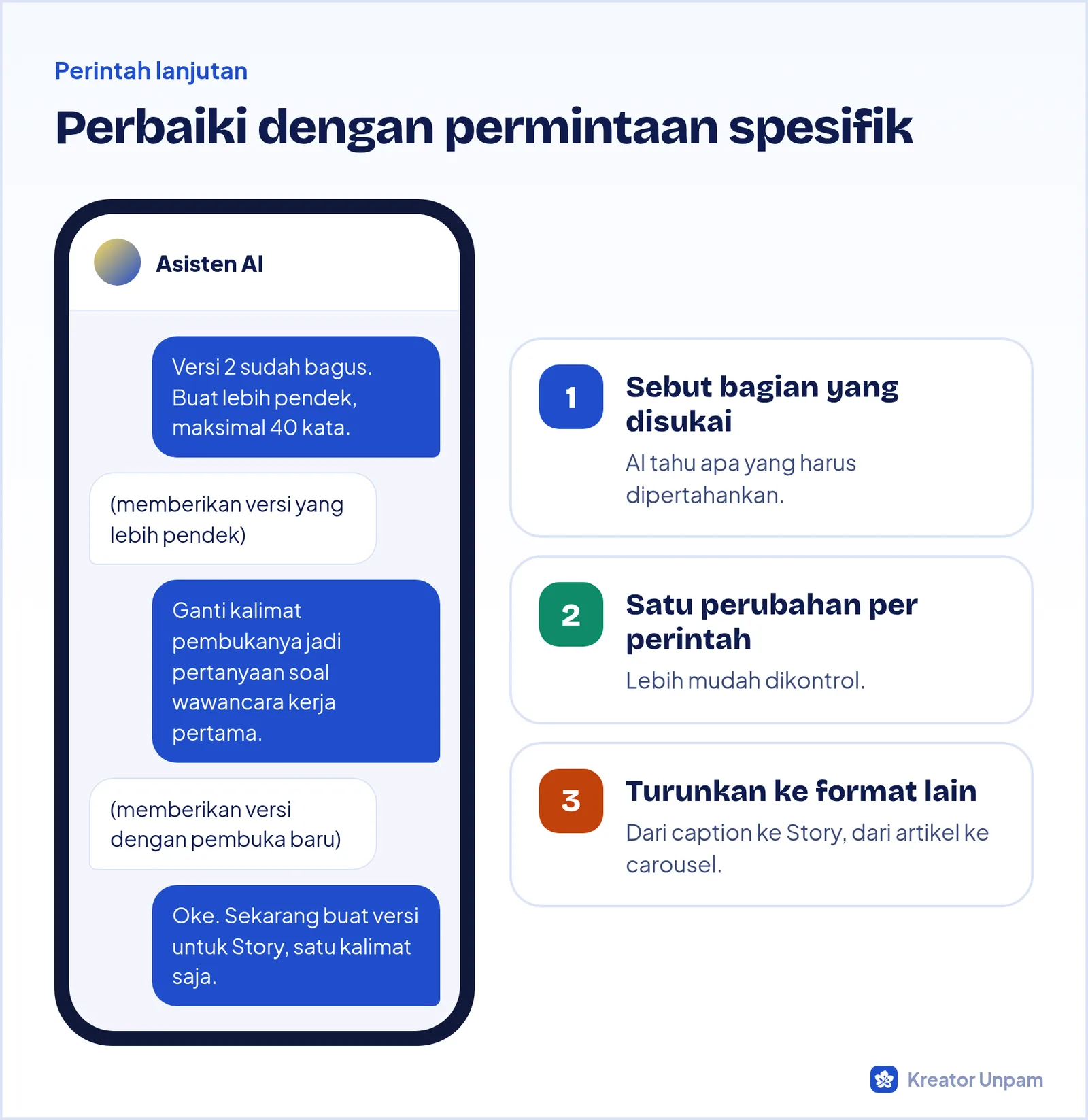 Contoh percakapan menyempurnakan jawaban AI dengan perintah lanjutan yang spesifik