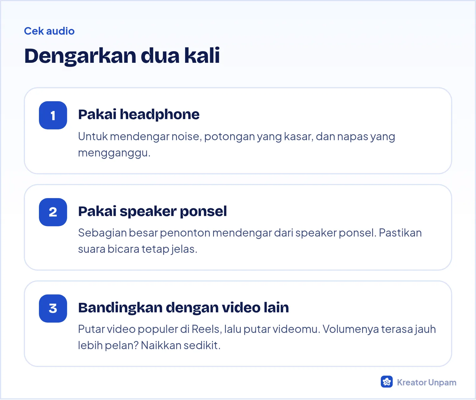 Dua cara mengecek audio video sebelum ekspor: dengan headphone dan dengan speaker ponsel