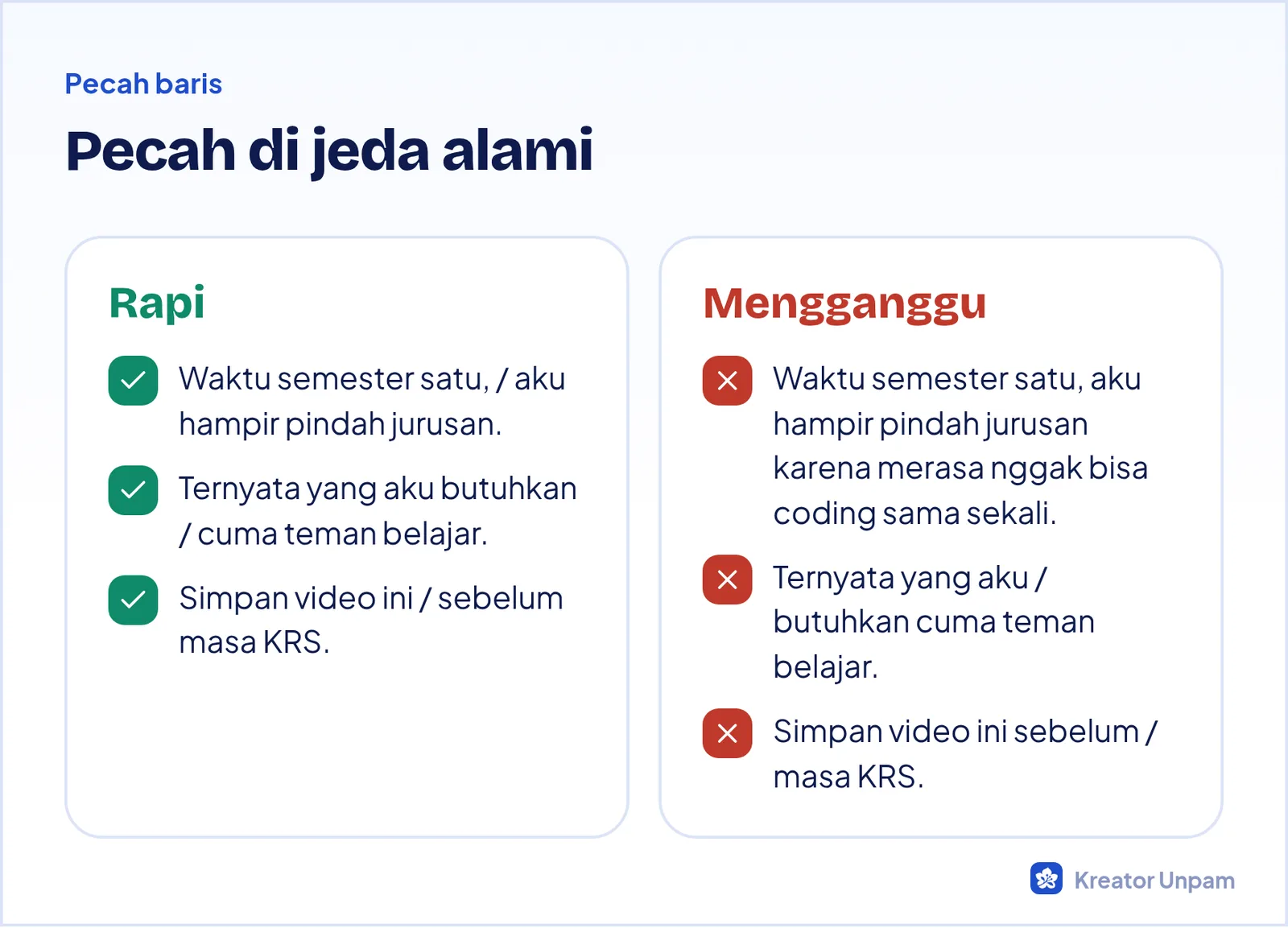 Contoh pemecahan baris subtitle yang rapi dan yang mengganggu