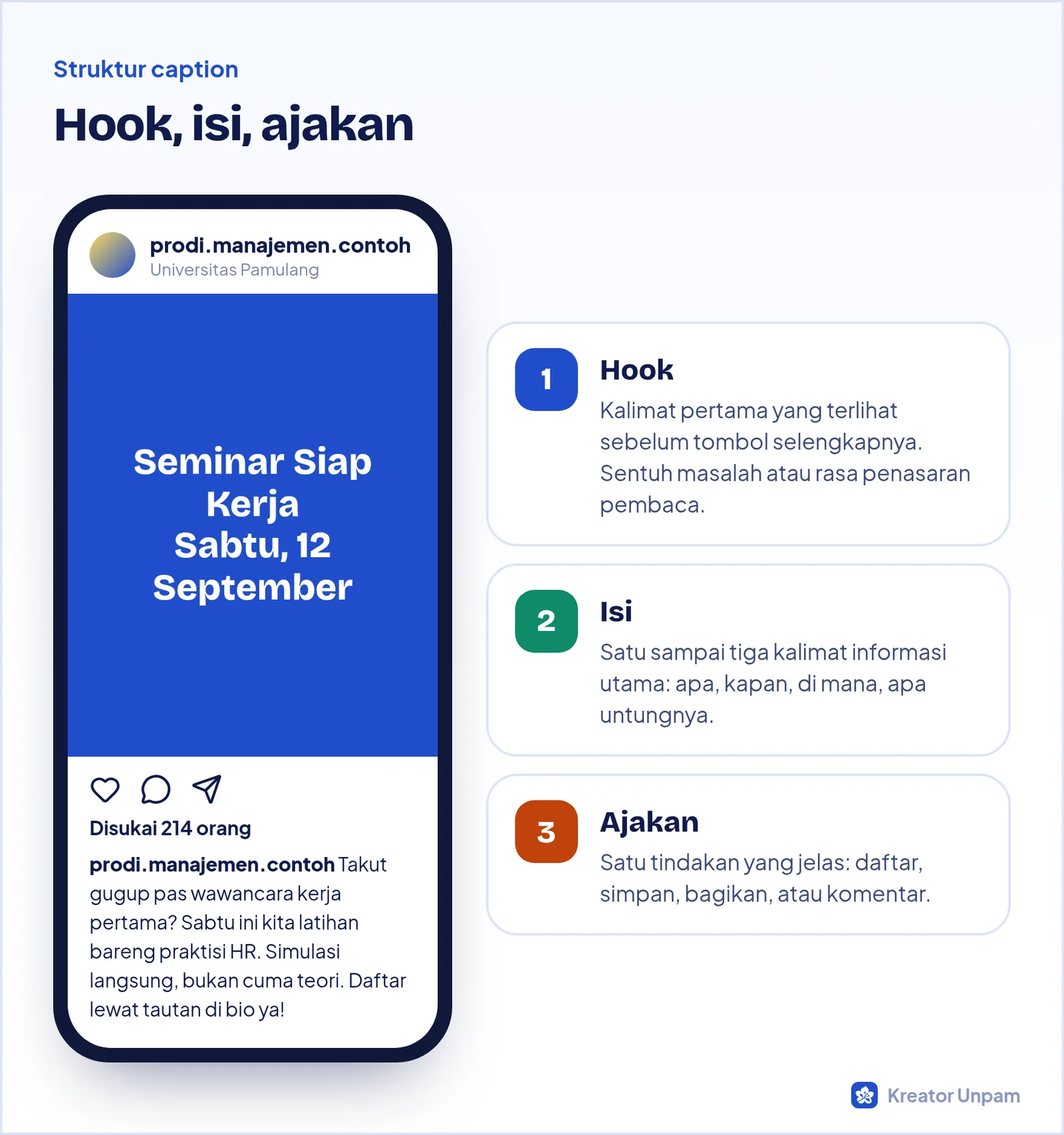 Contoh postingan Instagram dengan caption yang terdiri dari hook, isi, dan ajakan