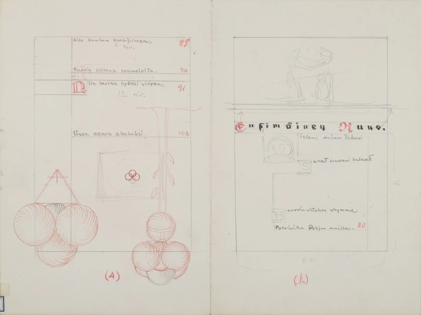 Halaman sketsa tata letak buku dengan kotak-kotak dan garis bantu