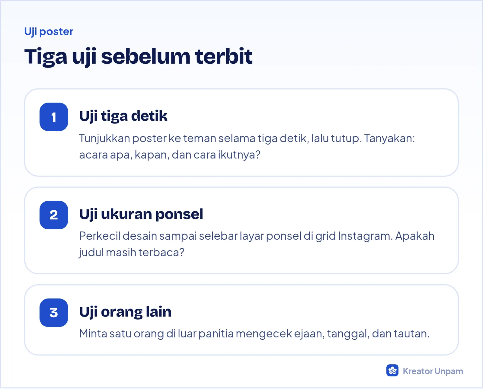 Tiga uji keterbacaan poster: uji tiga detik, uji ukuran ponsel, dan uji orang lain